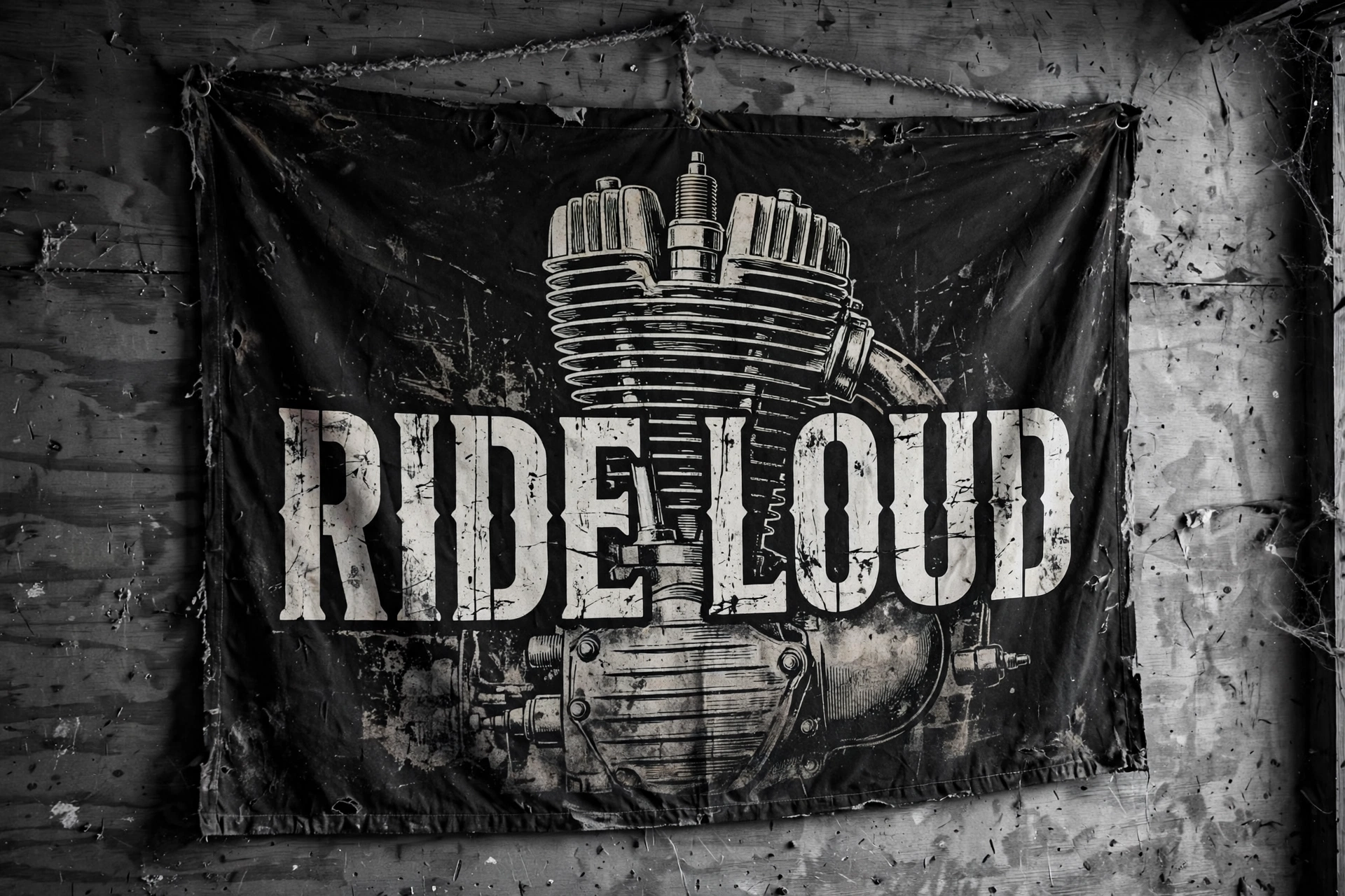 Ride Loud Monochrome Flag — Garage Banner for Bikers